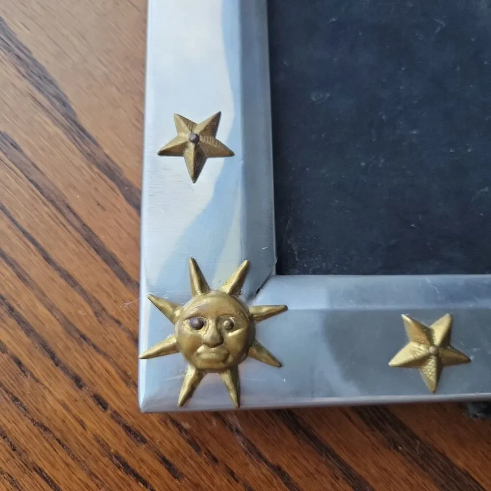 Vtg 90s celestial photo frame 4x6 in pewter and gold RARE READ Y2k Moon Sun Star